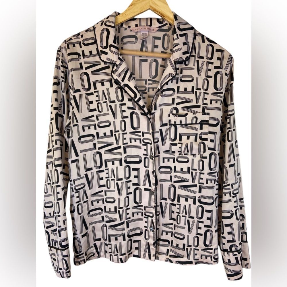 Victoria’s Secret VS Love Logo Satin Long Sleeve Button Up Sleep Top Small